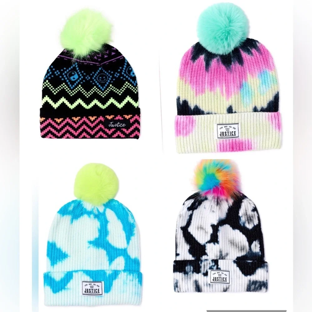 2pack Justice Girls’ faux fur pom pom ombre Tie Dye & fair isle look beanies new